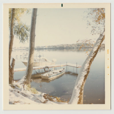 Boats at Spirit Lake, snow