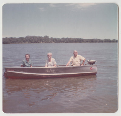 Clara, and Elna? and John Olof Oberg in boat, Spirit Lake, 1959