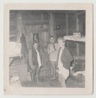 Kay Van Fleet and friends at camp cabin