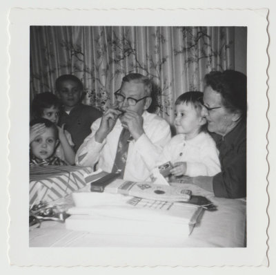 John Olof and Clara Oberg with grandkids, 75th Birthday, 1960