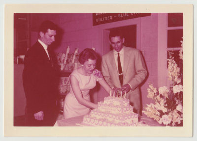 Jay Reed, Kay Van Fleet, Jim Nelson, Richards Pharmacy, 5th Anniversary, Apr 16, 1956