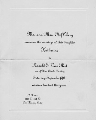 Wedding announcement, Harold and Katherine Oberg Van Fleet, 1931