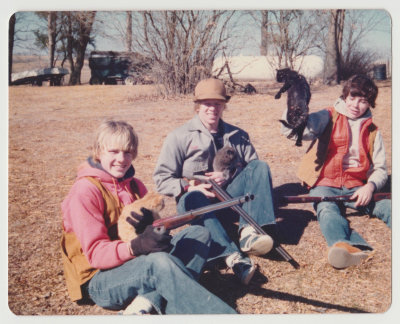 Allen Veak, Jim Lane, Doug Fick hunting, with cats