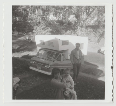 Kay, Richard and Allen in front of VW RV, 1965