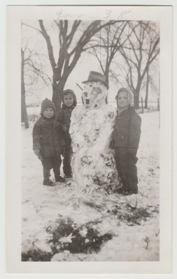 John, Richard, Leonard Veak with snowman, Jan 1938