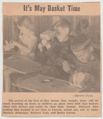 Young Richard Veak, newspaper article, May baskets
