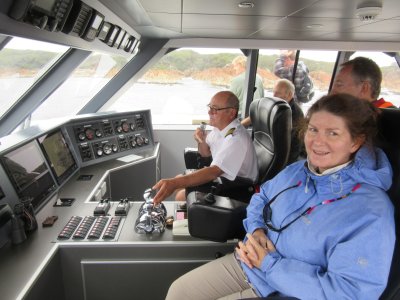 Jackie helping the captain of the boat