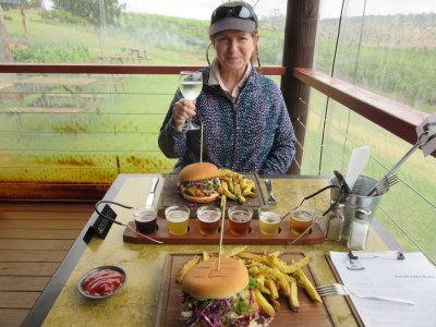Lunch, a local wine and a beer tasting paddle
