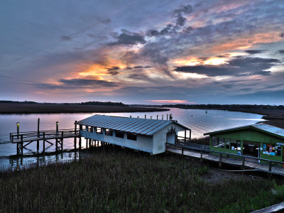 Dock and outbuilding, sunset