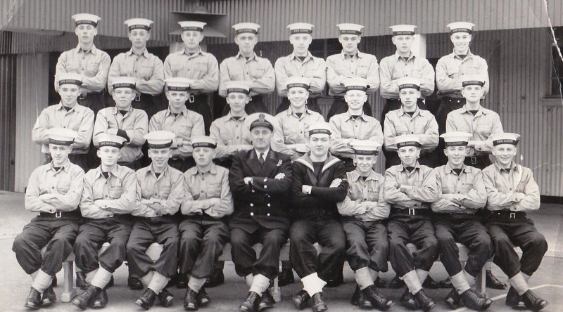 1958, OCTOBER - ANTHONY STROUGHTON, 17 RECR., AFTER PROMOTION TO JNR. INSTR., WITH MY CLASS OF NEW ENTRIES..jpg