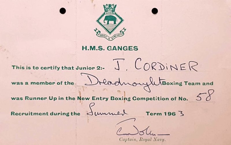 1963, 30TH APRIL - JOHN CORDINER, 58 RECR., DREADNOUGHT,  NEW ENTRY BOXING CERT.