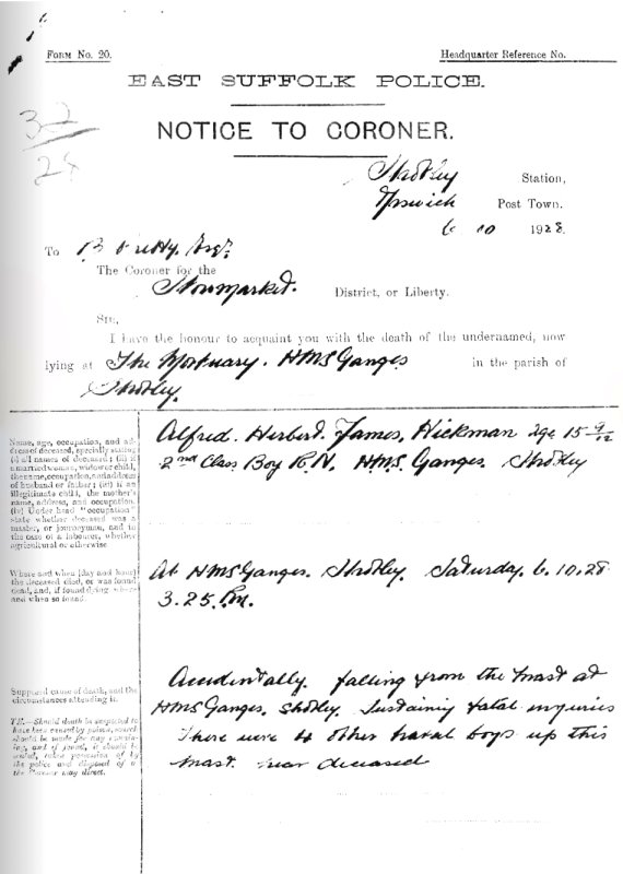 1928, 6TH OCTOBER - BOY HICKMAN, POLICE NOTICE TO THE CORONER.jpg