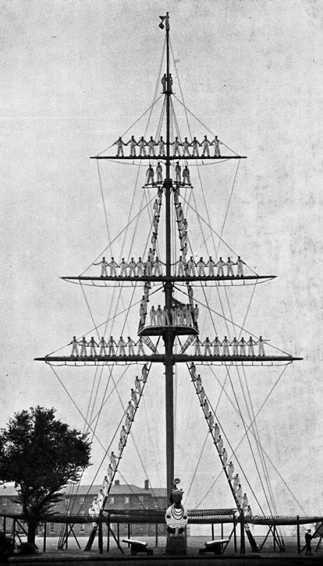 UNDATED -  THE MAST MANNED, NOTE THE BUTTON BOY SIGNALLING AND THE INSTRUCTOR BELOW.jpg