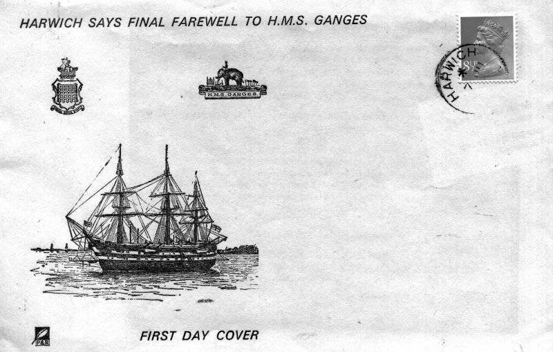 1976 - HARWICH FIRST DAY COVER, CENTRE IS THE SHIP'S OLD BADGE WHEN CAPTAINS WERE PERMITTED TO DESIGN THEIR OWN.jpg