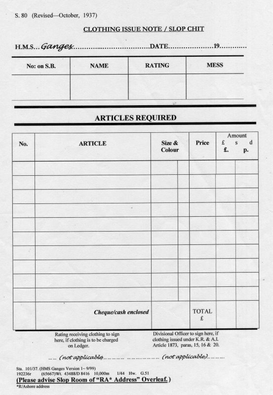 1937, OCTOBER - DICKIE DOYLE, SLOP CHIT, FORM S.80, 'CLOTHING ISSUE NOTE'.jpg