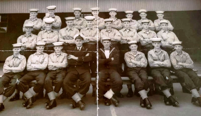 1957, JULY - TERRY CLARKE, GRENVILLE 66 OR 133 CLASS, TERRY IS MIDDLE ROW SECOND FROM RIGHT.
