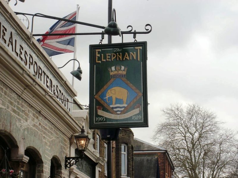 UNDATED - ERIC HOLMWOOD, JOINED GANGES MAY 1970, THE ELPEPHANT PUB's SIGN IN FAVERSHAM, KENT.jpg