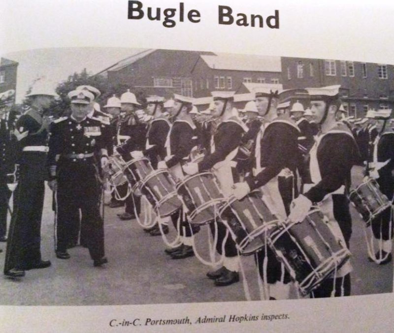 1966 - DICKIE DOYLE, ADMIRAL HOPKINS, C IN C PORTSMOUTH INSPECTING THE BUGLE BAND.jpg