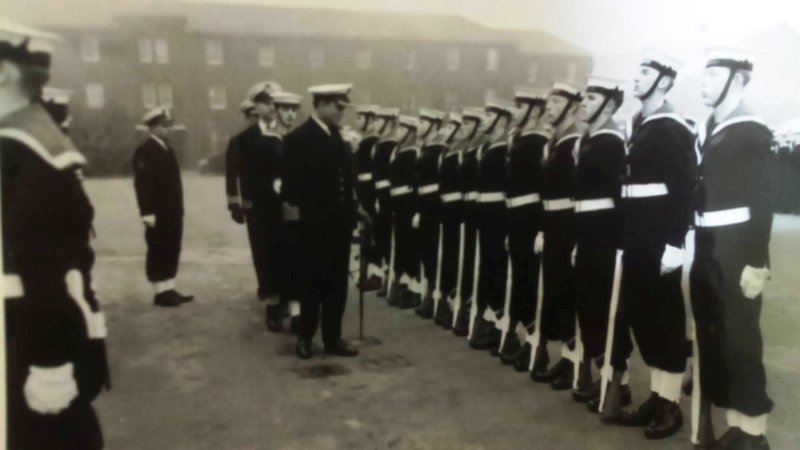 1969 - CLIVE HUGHES, BLAKE DIVISION, CAPT'S INSPECTION, I'M THE JNR. PO BEHIND THE CAPTAIN WITH A CUTLASS..jpg