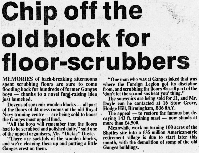 1986, OCTOBER - DICKIE DOYLE, ARTICLE FROM EADT ABOUT FUTURE OF GANGES SITE, MESS DECK FLOORING BLOCKS AND MAST FUND RAISING