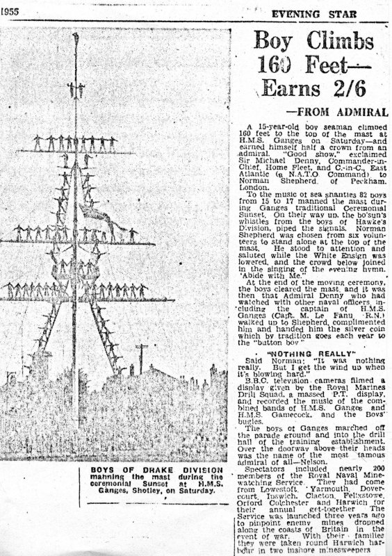 1955 - DICKIE DOYLE, FROM THE IPSWICH EVENING STAR, DRAKE DIVISION MANNING THE MAST ETC..jpg