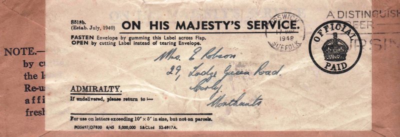 1948 - D.W. ROBSON, LETTER FROM CAPTAIN ROBSON, TO MOTHER, ENVELOPE, 1..jpg