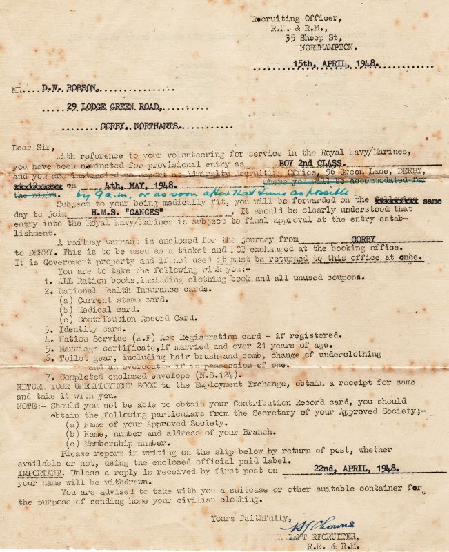 1948 - D.W. ROBSON, LETTER FROM RECRUITING OFFICE, JOINING INSTRUCTIONS, PAGE 1..jpg