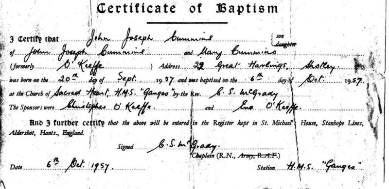 1930s - JOHN CUMMINS, WAS A BOY IN THE LATE 30s AND RETURNED AS AN INSTR. FROM SEP. 1955 UNTIL NOV. 1957, HIS SON'S BAPTISM
