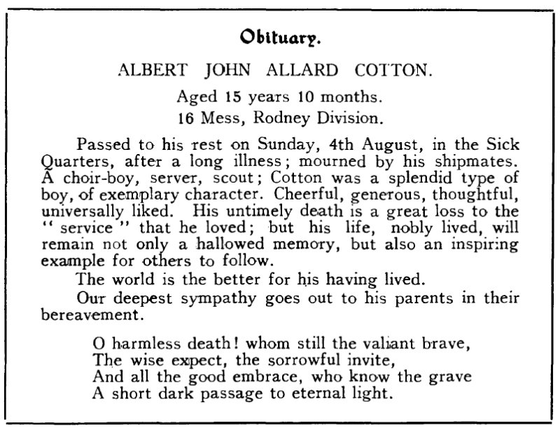 1935, 12TH FEBRUARY - ALBERT J.A. COTTON, JX144440, RODNEY, 14 MESS, OBITUARY FROM THE SHOTLEY MAG. A..jpg