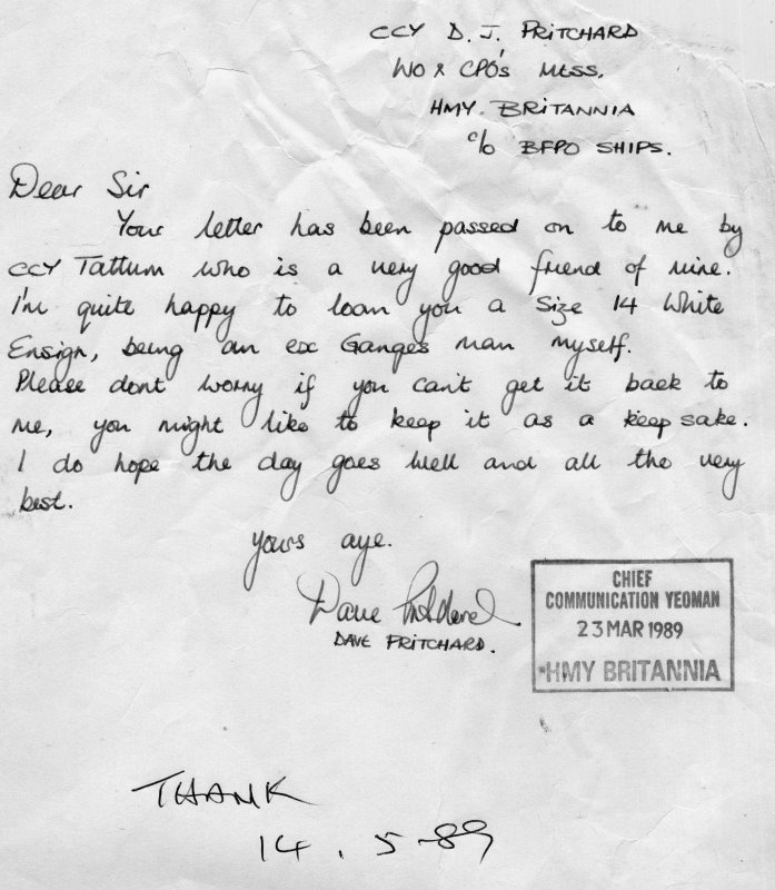 1989 - DICKIE DOYLE, EXCHANGE OF LETTERS TO FLY ENSIGN, REPLY FROM C.C.Y HMY BRITANNIA, C..jpg