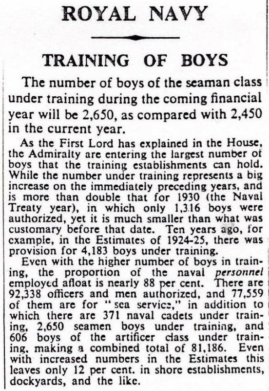 1905-2005 - DICKIE DOYLE, PRESS CUTTINGS RE. GANGES, BOYS TRAINING, THEIR PAY AND CONDITIONS ETC., THE TIMES, 1934.jpg