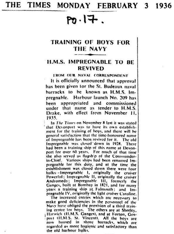 1905-2005 - DICKIE DOYLE, PRESS CUTTINGS RE. GANGES, BOYS TRAINING, THEIR PAY AND CONDITIONS ETC., THE TIMES, 1936.jpg
