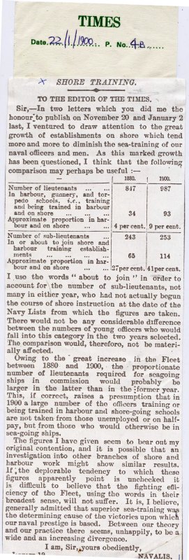 1905-2005 - DICKIE DOYLE, PRESS CUTTINGS RE. GANGES, BOYS TRAINING, THEIR PAY AND CONDITIONS ETC., THE TIMES, 22ND JANUARY 1900