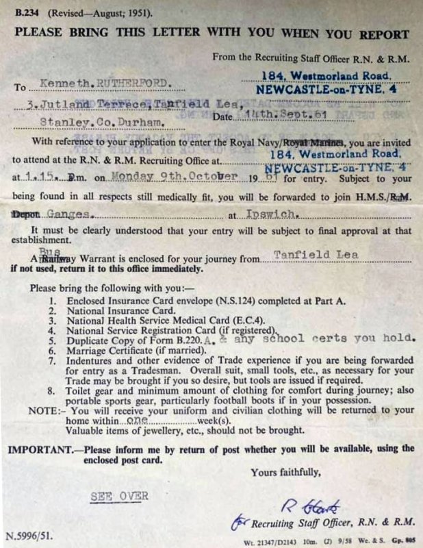 1961, 9TH OCTOBER - KEN RUTHERFORD, 01., 44 RECR., BLAKE, 36 CLASS, ENTRY LETTER.jpg