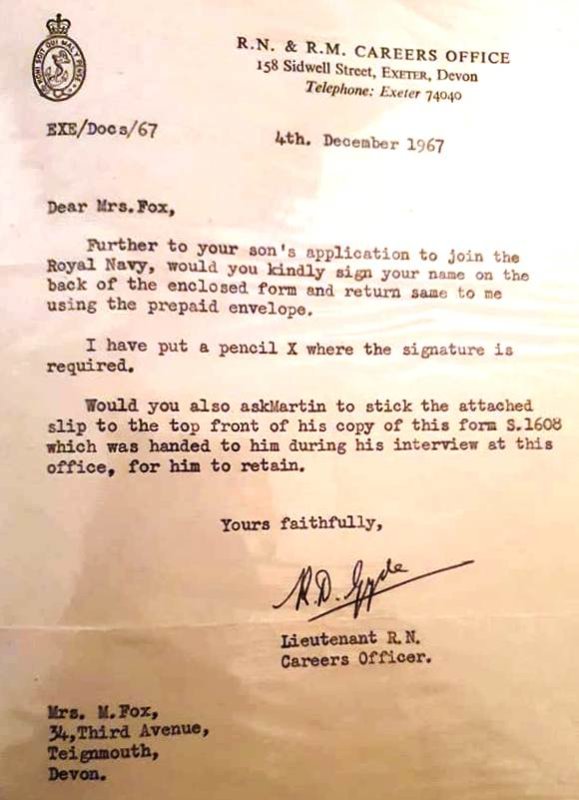 1968, APRIL - MARTIN FOX, 01., 01 RECR., ACCEPTANCE LETTER