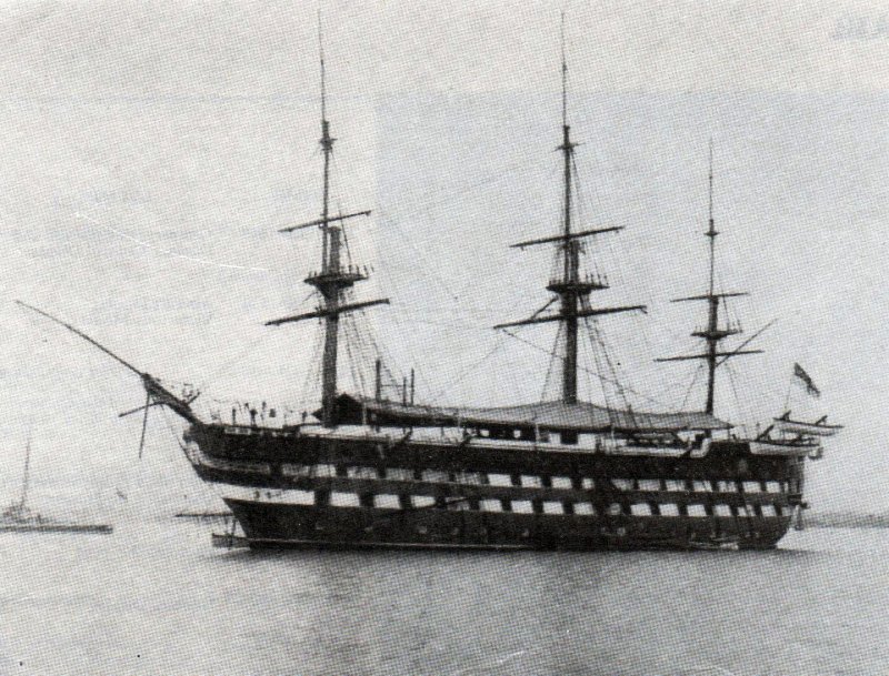 1899 - HMS GANGES OFF HARWICH WITH AN AWNING UP, FROM THE PARENTS' DAY PROGRAMME OF 1965.jpg