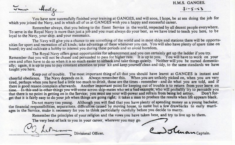 1963, 31ST MAY - JNR. HODGE, CAPTAINS LETTER ON LEAVING GANGES..jpg