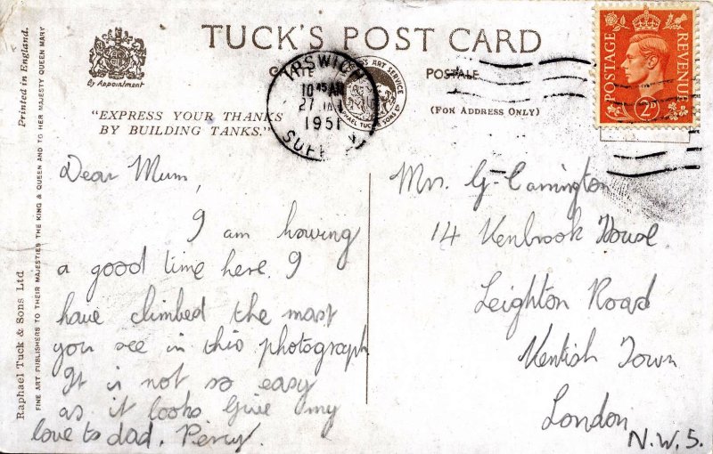 1951, 27TH JANUARY - PERCY CARRINGTON, 01., POST CARD SENT HOME.jpg