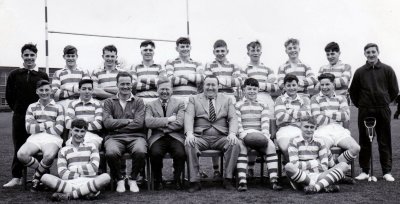 1965, 26TH APRIL - KELVIN JONES, CAPT. WATSON AND CDR HOWARD, STRONG SUPPORTERS, FINAL GAME PRIOR TO DRAFT TO DRYAD.