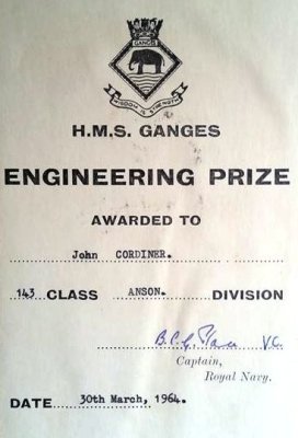 1963, 30TH APRIL - JOHN CORDINER, 58 RECR., ANSON, 19 MESS, 143 CLASS, ENGINEERING PRIZE.