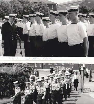 1970, JUNE - DAVE LENNON, 18 RECR., LEANDER MARCHING FROM ANNEXE TO MAIN, CAPT. BUTTON INSPECTING DRAKE, 20 MESS, ON PARENTS DAY