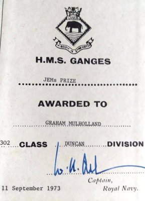 1973, 11TH SEPTEMBER - GRAHAM 'DUTCH' MULHOLLAND DUNCAN, 302 CLASS, JEMs PRIZE CERT.
