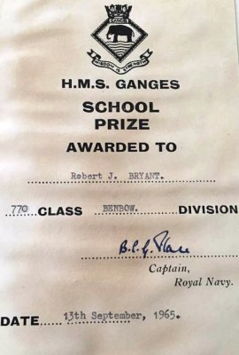 1965, 13TH SEPTEMBER - ROB BRYANT, BENBOW, 770 CLASS, SCHOOL PRIZE CERTIFICATE, GIVEN TO ME BY CAPT. B.C.G. PLACE V.C.