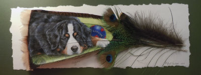 A portrait of Loggins, painted on a domestic turkey feather, by Gail Savage.  