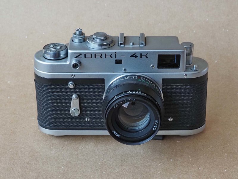 The Russian (USSR) Zorki-4K (1973); not well finished camera, but reliable.