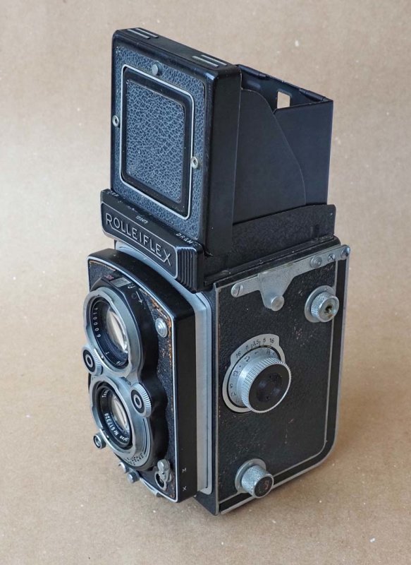 The Rolleiflex, with its viewing system open.