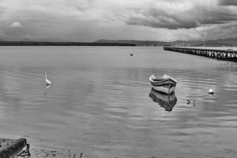 Praia da Costeira do Pirajuba; birds, boat and pier.