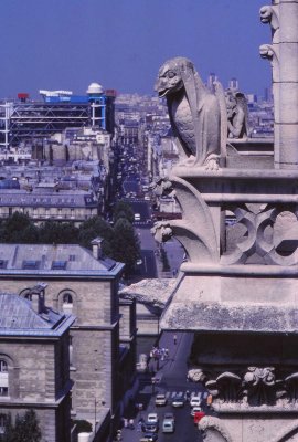 The gargoyles. The Georges Pompidou Center in the background. 