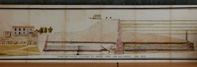 Reproduction of the original plan of the Saint-Ferréol dam, necessary to feed the Canal with water.
