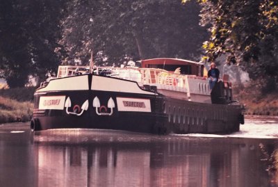 A péniche, typical boat of the Canal du Midi, near Toulouse (photo from slide; circa 1987-1997). 